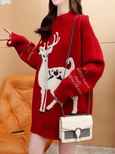 Fall and Winter New Arrival Plus Size Chubby Girl Sweater Female Loose Slimming and Velvet Padded Thickened Christmas Red Knitting Mid Length Long Length Tops