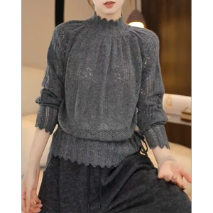 QINGNAER | Elegant Lace-up Hollow-out Collar Knitted Sweater Large Size