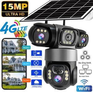 Camera IP Năng Lượng Mặt Trời V380PRO 4G 15MP 360 Độ °   Camera CCTV WIFI Chống Nước Ngoài Trời Với Tầm Nhìn Ban Đêm Âm Thanh Hai Chiều Theo Dõi Di Động 3 Ống Kính
