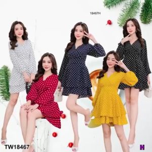 P18467 Jumpsuit จั้มสูทกางเกง ลายจุด สายผูกเอว