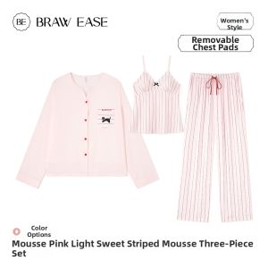 BE | Ice Silk Chest Padded Sleepwear Three-piece Set for Home Fall and Spring Long Sleeve Pants