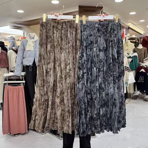 Retro Water-Mark Grey Long High-Waist Womens Skirt Fashionable Versatile Spring 2025 City Commute Party Date A-Line Skirt
