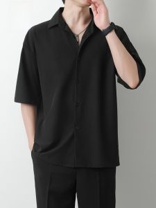 ROMON | Lormen Mens Ice Silk Short Sleeve Shirt Loose Fit Casual Workwear Five-Button Standard Style Fashion Urban Summer Outerwear