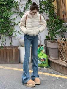 กางเกงยีนส์ทรงขาบานเอวสูงสำหรับผู้หญิงไซส์ใหญ่ สีน้ำเงินเข้ม ทรงขาบาน กางเกงขายาวทรงเข้ารูป ทรงสลิมฟิต ทรงลำลอง ฤดูใบไม้ผลิ