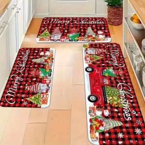 VIKAMA Christmas Santa Kitchen Rug Buffalo Plaid Snowflake Non Slip Washable Floor Mat for Hallway Entrance Home Decoration