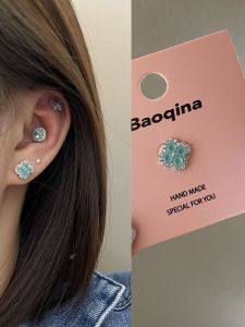 Mint Blue Four Leaf Clover! Donut Ear Bone Screw Titanium Steel Ear Piercing Niche Design for Women Geometric Pattern Jewelry