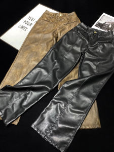 American Retro High Waist Loose Leather Pants Womens Floor-Length Wide Leg Pants Casual Straight Tube Trousers Street Style