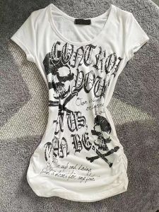 Slim Fit Punk Rock Short Sleeve T-Shirt Womens Korean Style Print Waist-Cinching Summer Black Skull Head Pure Desire Top