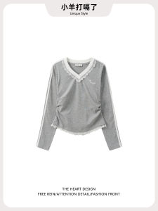 Ruffle Sleeveless Lace Insert V-Neck T-Shirt Womens Slim Fit Long Sleeve Base Shirt Embroidered Fake Two-Piece Top for Autumn