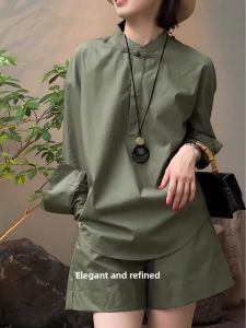 UYFY | Military Green Casual Set Womens Large Size Mandarin Collar Shirt Shorts Two-Piece Set