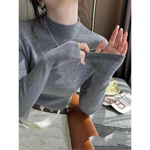 เสื้อสเวตเตอร์ถักคอปกสูงสีเทา ทรงสลิมฟิต สำหรับผู้หญิง ฤดูใบไม้ร่วง 2025 เสื้อชั้นในถักสีดำ ผ้าขนสัตว์ แขนยาว ปกติ