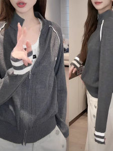 French Style Loose Gradient Knit Short Cardigan Womens Casual Splicing Zippered Jacket Early AutumnNew Arrivals Comfy Sweater