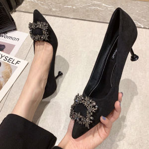 Giày Cao Gót Đính Đá Màu Đen Nhung Cho Nữ Mùa Xuân Hè Chuyên Nghiệp Mũi Nhọn Gót Mỏng Cỡ Lớn Mới Ra Mắt Giày Công Sở