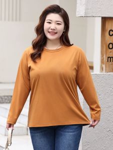 plus Size Womens Long Sleeve round Neck T-Shirt Spring New Style Comfortable Base Layer Shirt All-Match Casual Pure Color Top