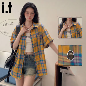 FINGERCROXX | Vintage Yellow Check Short Sleeve Shirt for Women