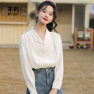 เสื้อเชิ้ตผู้หญิงแขนยาวสีขาวสำหรับใส่ไปทำงานในช่วงฤดูใบไม้ผลิ ทรงหลวม ผ้าโพลีเอสเตอร์ ระบายอากาศได้ดี ไม่รุ่ย ไม่ต้องรีด