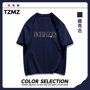 เสื้อยืดคอกลมแขนสั้นผ้าฝ้ายแท้สำหรับฤดูร้อน เสื้อยืดคอกลมพิมพ์ลายตัวอักษรสไตล์อเมริกันสำหรับผู้ชาย สีดำ ทรงหลวม