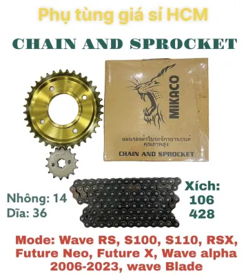 [TRỌN BỘ] Nhông sên dĩa vàng đen Wave RS S100 S110 RSX Blade Wave Alpha 2006-2023 Future X Neo Giá Sỉ