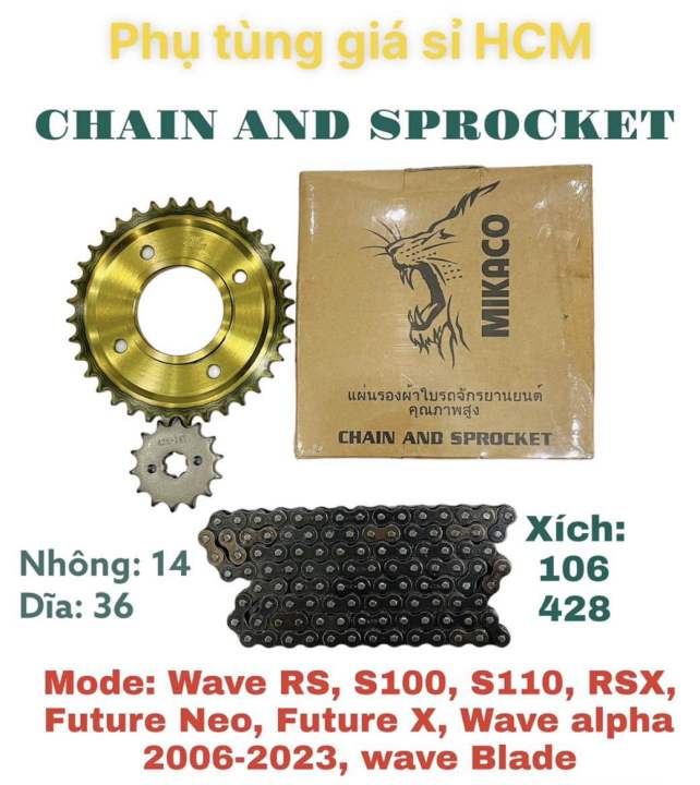 [TRỌN BỘ] Nhông sên dĩa vàng đen Wave RS, S100, S110, RSX, Blade, Wave ...