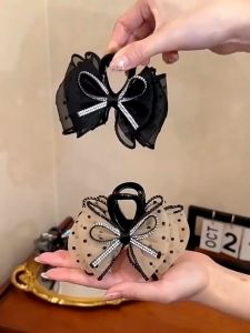 蝴蝶结高级感网纱水钻丸子头盘发抓夹公主马尾发卡鲨鱼夹头饰 Bow ball hairpin princess ponytail hairpin temperament shark clip top clip headdress