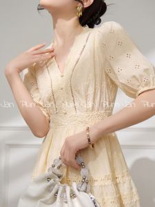 PlumJan | Lace Hollow Waist-Cinching French V-Neck Puff Sleeve A-Line Dress