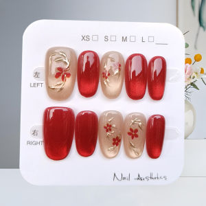10Pcs French Style Red Cat Eyes Gilded Peach Blossom Gentle and Elegant Fake Nails Temperament Press on Nails Nail Stickers