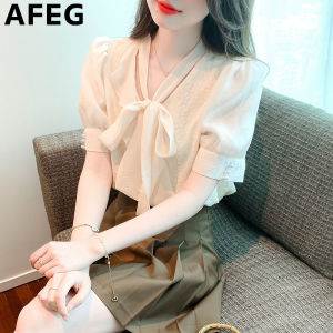AFEG new Korean version V-neck bow fashion loose assorted lace stitching chiffon bubble sleeve blouse