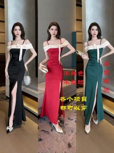 ชุดงานเลี้ยงไหล่เดียวสุดหรูหรา เสื้อผ้าทำงานสไตล์นวดเท้า ชุดราตรี กระโปรงยาว แขนยาว โพลีเอสเตอร์ ฤดูใบไม้ผลิและฤดูใบไม้ร่วง
