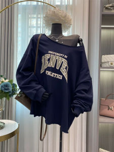 plus Size Slim Fit Sweatshirt Shoulder Bared Side Collar Color Block Womens Top Thin Style Spring Autumn Loose Style