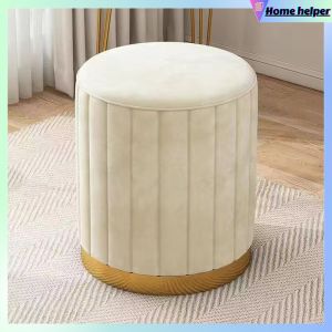 Makeup Storage Chair Beige and White Wood High-Grade Plush Round Stool