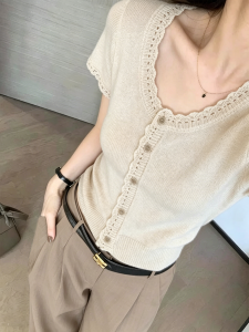 YUANYA | Lace Knitted Stylish Short-sleeve T-shirt Slim Fit For Petites