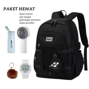 Tas ransel sekolah anak perempuan remaja SD SMP karakter cinnamoroll gratis jam tangan botol minum kaca kipas angin mini dan gantungan pompom tas ransel