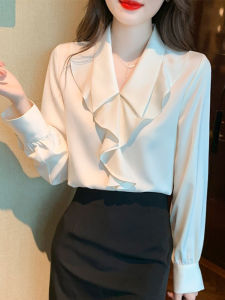 French Style Chiffon Shirt Womens Autumn Fashion 2025 New Professional Commute V-Neck Long Sleeve Top Loose Fit Korean Version