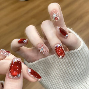 10pcs Cat Eyes Firework Red False Nails Romantic DIY Handmade Square Press on Nails for Women Party Wedding Wearing