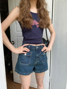 Quần short denim nữ NIHAOKANONG dáng vuông cạp cao tôn dáng thon gọn