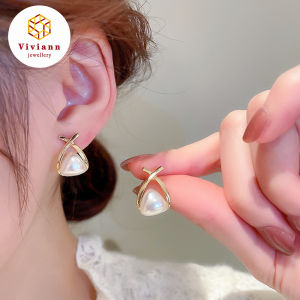 Viviann Original Design New Metal Pearl Earrings For Women Korean Fashion Back Hanging Earring Girls Shiny Zircon Exquisite Jewelry Gold Earrings For Women