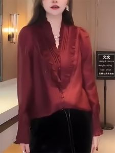 QINGNAER | Wine Red V-Neck Ruffled Patchwork Long Sleeve Large Size Chic Blouse