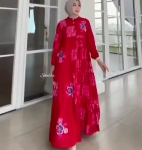 RED FLOWER DRESS GAMIS TWILL RAYON CANDI MEKAR GAMIS BATIK CAP PEKALONGAN
