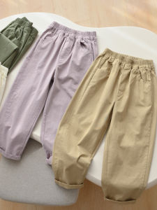 Childrens Casual Straight Leg Pants Thin Soft Washed Cotton Pure Color Spring Summer Style Elastic Waist Long Trousers