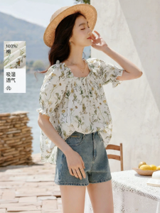 XIANGYING | French Style Square Neck Floral Short Sleeve Loose Cotton Green Puff Sleeve Babydoll Top