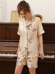 Summer Silk Sleepwear Womens Short Sleeve Shorts Pants Long Pants Silk Thin Model Large Size Summer Silk Two-Piece Set