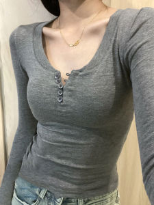 Spicy Girl Close-Fitting Long Sleeve T-Shirt Womens Spring Inner Wear U-Neck Half Open Collar Base Shirt Korean Style Commute