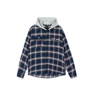 A chock | Street Color-blocking Blue Plaid Hooded Long-sleeve Shirt