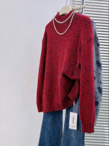 QINGNAER | Fashionable Retro Red Mixed Yarn Glitter Half-Turtleneck Sweater