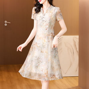 MAIMEI | ชุดเดรสยาวสไตล์จีนกลางคันฤดูร้อนสำหรับผู้หญิงวัยกลางคนและผู้สูงอายุ ชุดเดรสยาวคลุมเข่าสไตล์เกาหลีสัมผัสหรูหรา