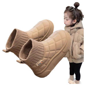 Leather Snow Boots for Girls Boys Winter Warm Fleece Lined Low Cut Casual round Toe Flat Bottom Rubber Sole Anti-Slip Kids Boots