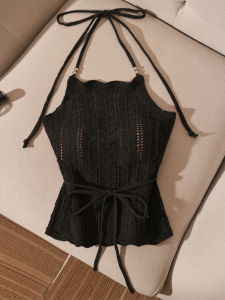 Sensual Spicy Knitted Strap Vest Hollow out Outerwear Slim Fit Womens Fashion Design Sweet And Hot Neck Hanging Top