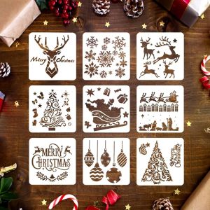 9PCS 13×13cm Christmas Stencils Set Reusable Templates for DIY Painting Card Making Scrapbooking Holiday Decor