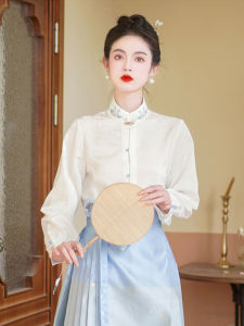 Retro Embroidered Shirt Womens New Chinese Style Button up Blouse for Commuting And Matching Skirts Long Sleeve Stand Collar