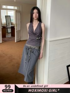 MOXI Double-Color No-Sleeve Pearl Embellished Vintage Top with Grey Stripe Leather Waist Head Half Skirt Ensemble